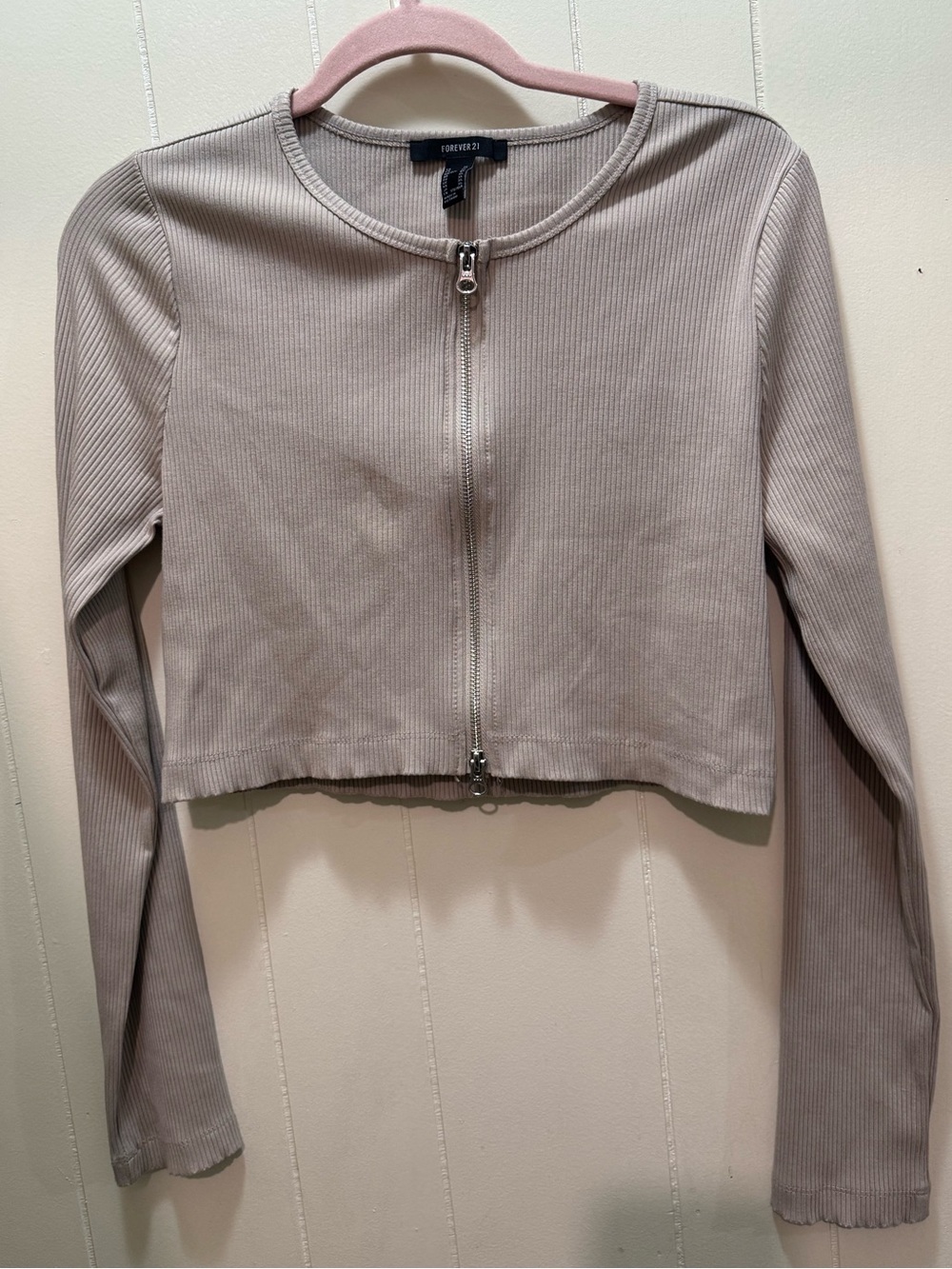 Forever 21 Neutral Taupe Ribbed Zip Crop Top